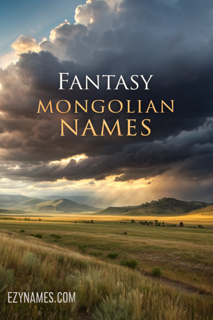 Dramatic storm clouds over open grassland with golden text “FANTASY MONGOLIAN NAMES” and “EZYNAMES.COM” at the bottom.
