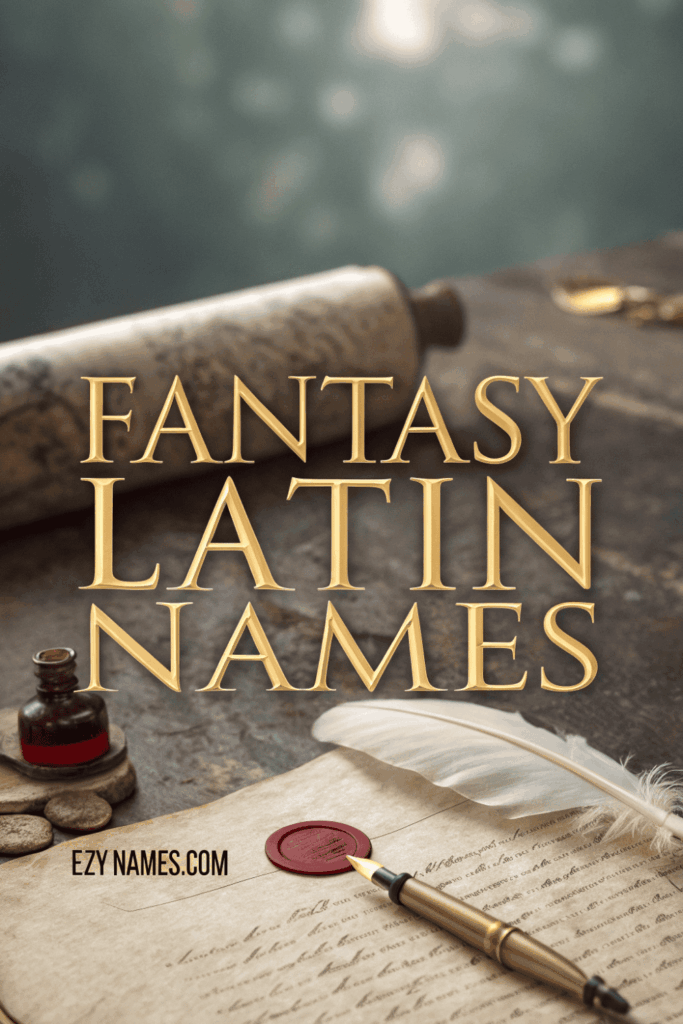 Fantasy Latin Names vintage desk scene with scroll, wax seal, feather quill, ink bottle, and a gold title overlay reading Fantasy Latin Names, with Ezy Names.com branding.