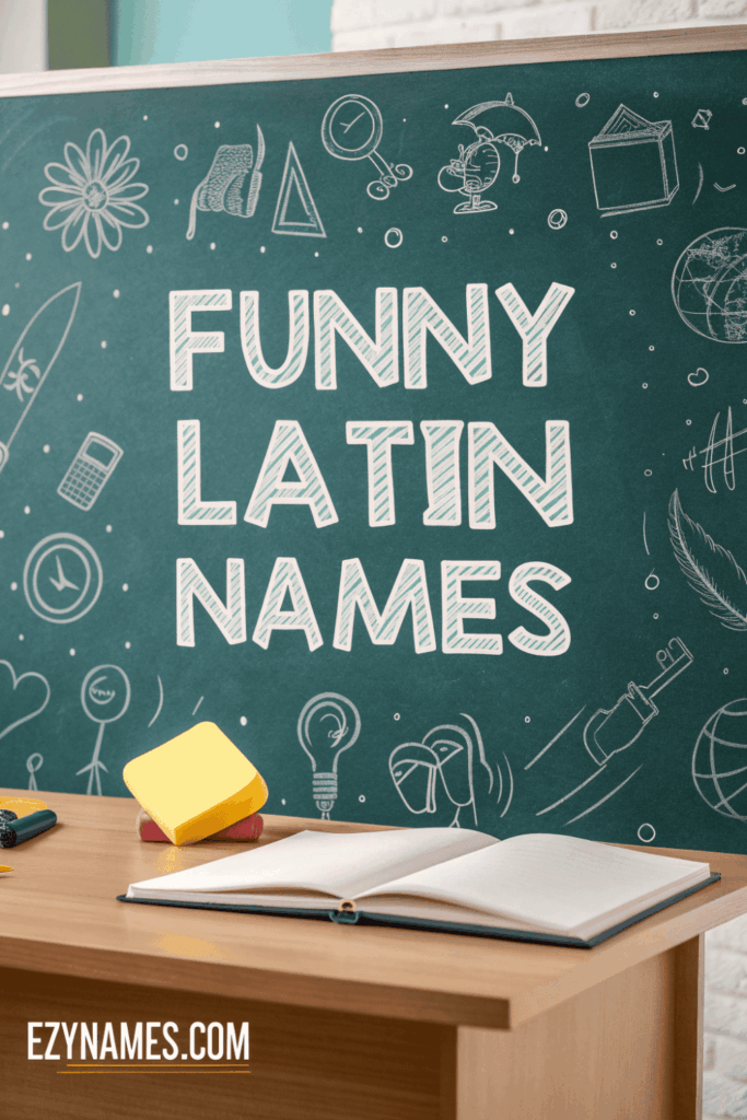 Funny Latin Names chalkboard style cover with doodle icons around the text, a classroom desk in front with an open notebook and eraser, plus Ezynames.com branding.