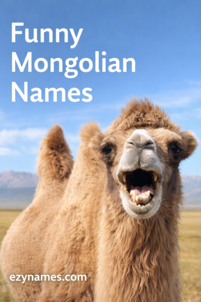 Close-up of a camel making a funny open-mouth expression under a blue sky, with the title “Funny Mongolian Names” and “ezynames.com” at the bottom.