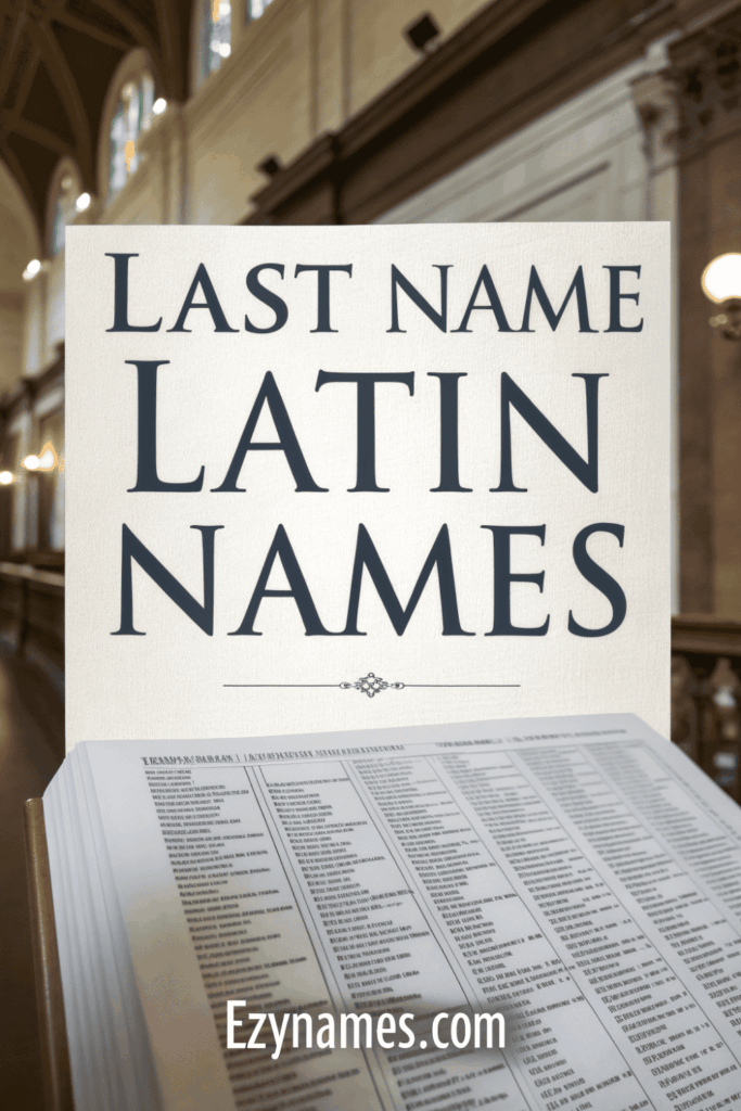 Last Name Latin Names cover showing a large title on a card placed over an open names directory, with a grand hall or church interior blurred in the background and Ezynames.com at the bottom.