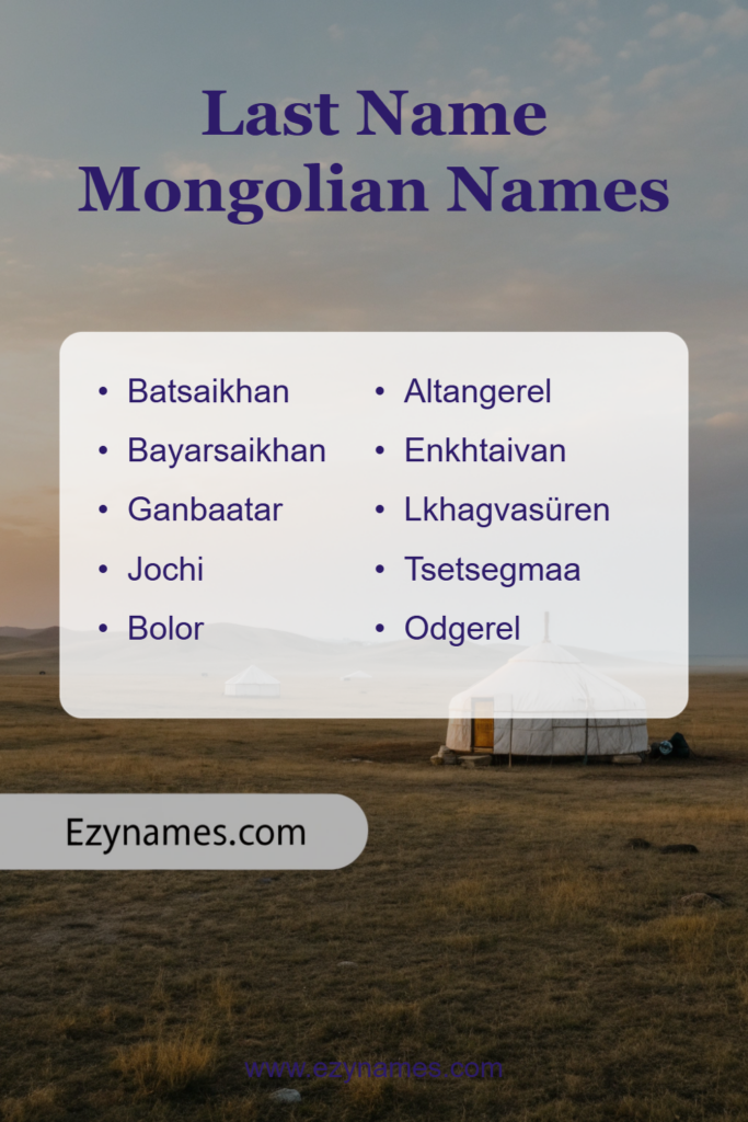 Steppe background with a rounded white card listing Mongolian surnames in two columns under the heading “Last Name Mongolian Names,” plus “Ezynames.com.”