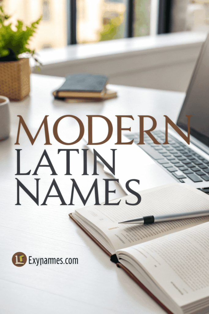 Modern Latin Names cover on a bright modern workspace with laptop, open book, and pen on a desk near a window, featuring the title Modern Latin Names and Ezynames.com branding.