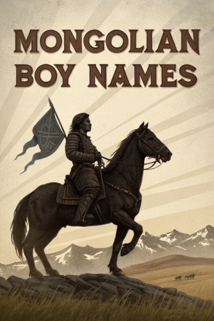 Vintage-style poster showing a mounted warrior holding a flag, large headline “MONGOLIAN BOY NAMES,” mountains in the background.