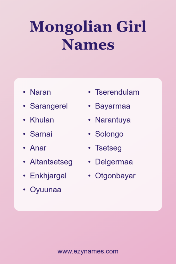 Pink gradient design with a white list box of popular Mongolian girl names under the heading “Mongolian Girl Names.