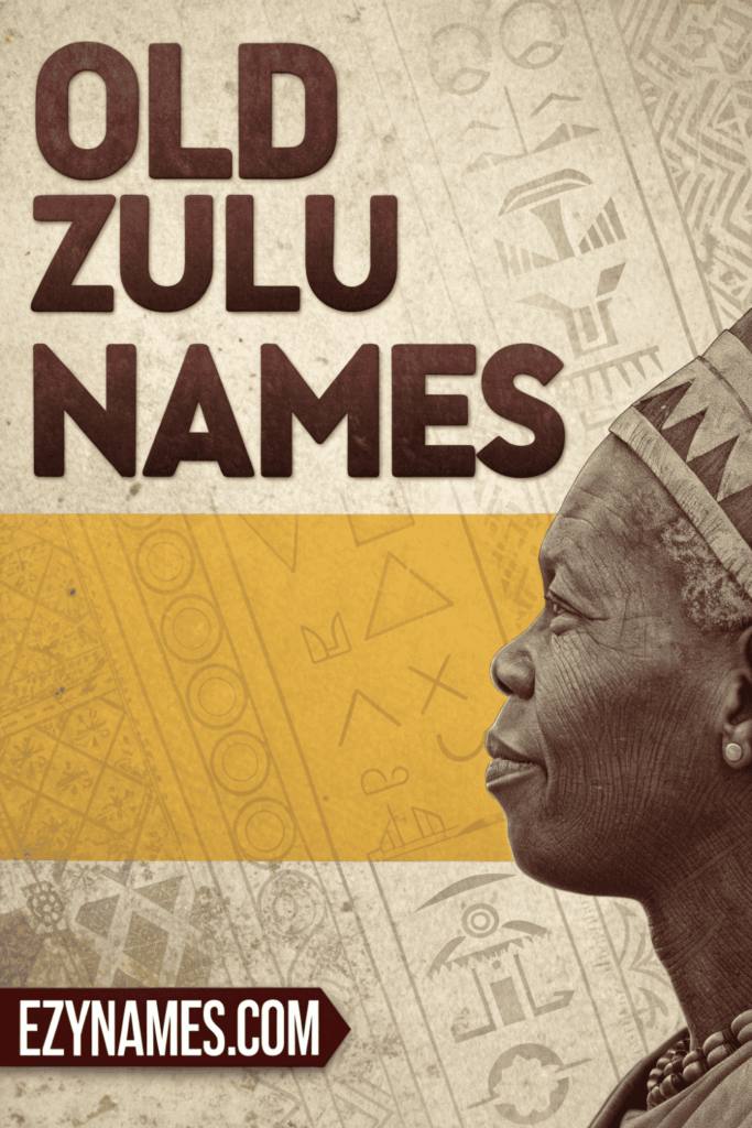 Old Zulu Names vintage parchment-style background with faint tribal patterns, bold maroon text “OLD ZULU NAMES,” a side-profile portrait of an elderly woman on the right, and “EZYNAMES.COM” in a dark red label at the bottom.