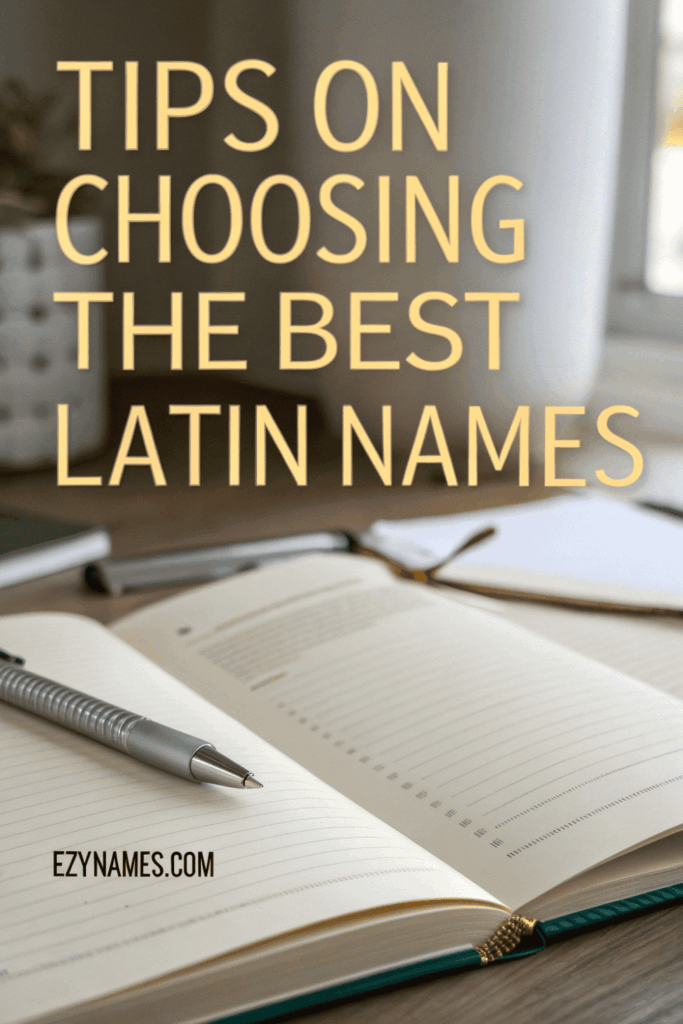 Tips on Choosing the Best Latin Names cover with large gold text over a soft blurred background, featuring an open notebook and pen on a desk, with Ezynames.com branding.