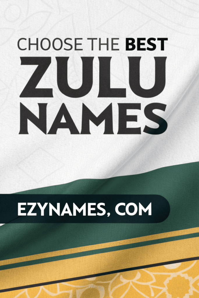 Choose the Best Zulu Names clean fabric-texture background with soft geometric lines, large headline “CHOOSE THE BEST ZULU NAMES,” green and gold diagonal ribbon accents near the bottom, and a rounded badge reading “EZYNAMES, COM.”