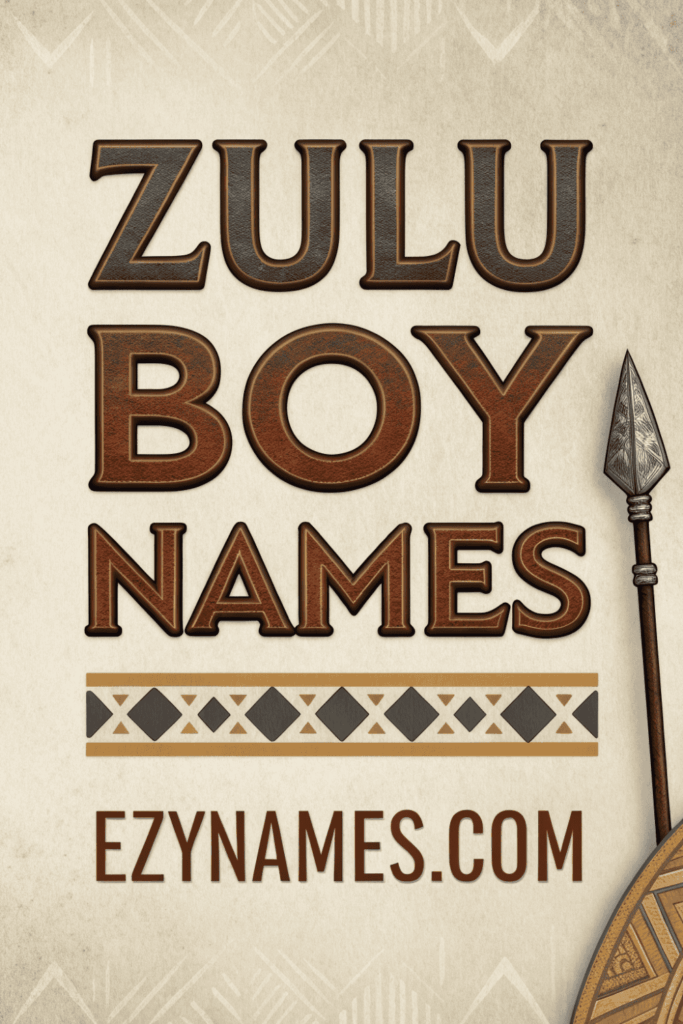 Zulu Boy Names parchment poster with carved, leather-like 3D lettering “ZULU BOY NAMES,” a decorative geometric band, a traditional spear on the right edge, and “EZYNAMES.COM” at the bottom.