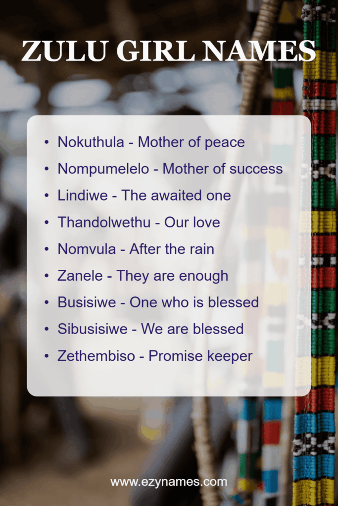 Zulu Girl Names pin with a close-up beadwork background (colorful beaded strands), title “ZULU GIRL NAMES” at the top, a translucent rounded box listing girl names with short meanings, and “www.ezynames.com”
