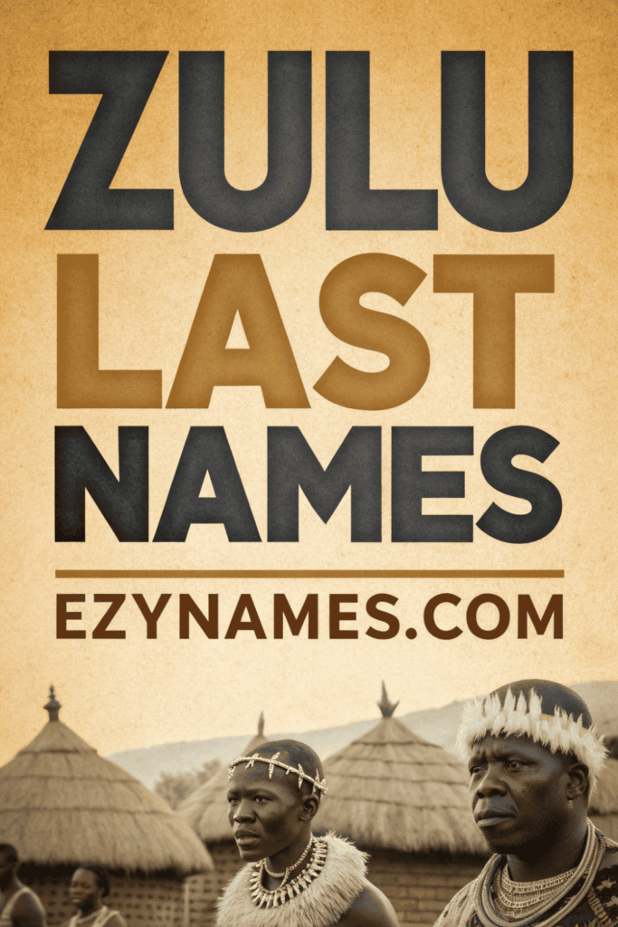 Zulu Last Names parchment-style cover with bold stacked title “ZULU LAST NAMES,” tribal-inspired border pattern, a spear and shield element along the side, and “EZYNAMES.COM” centered near the bottom.