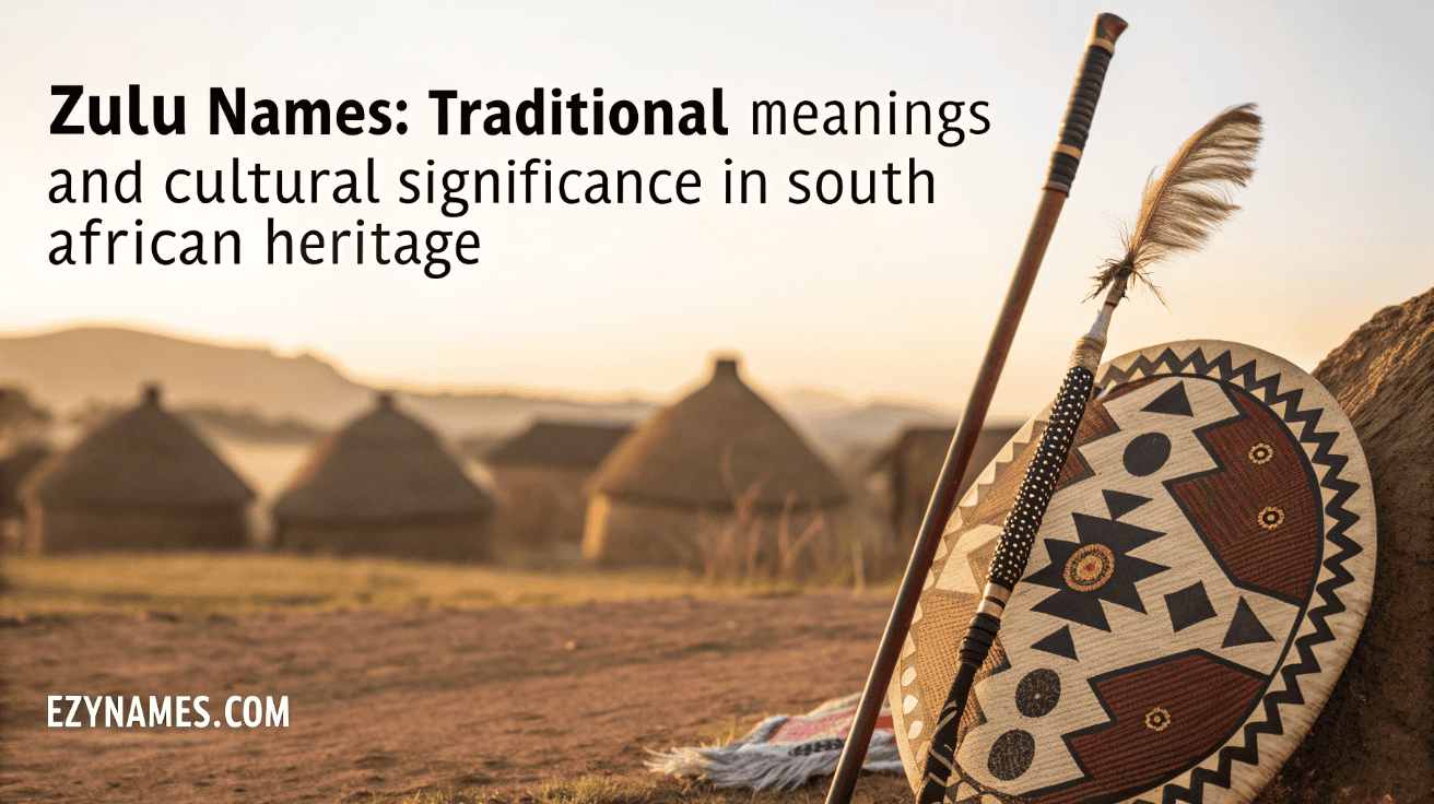A Zulu shield and spears in the foreground with traditional huts in warm sunrise light behind, the long headline placed top-left, and “EZYNAMES.COM” bottom-left.