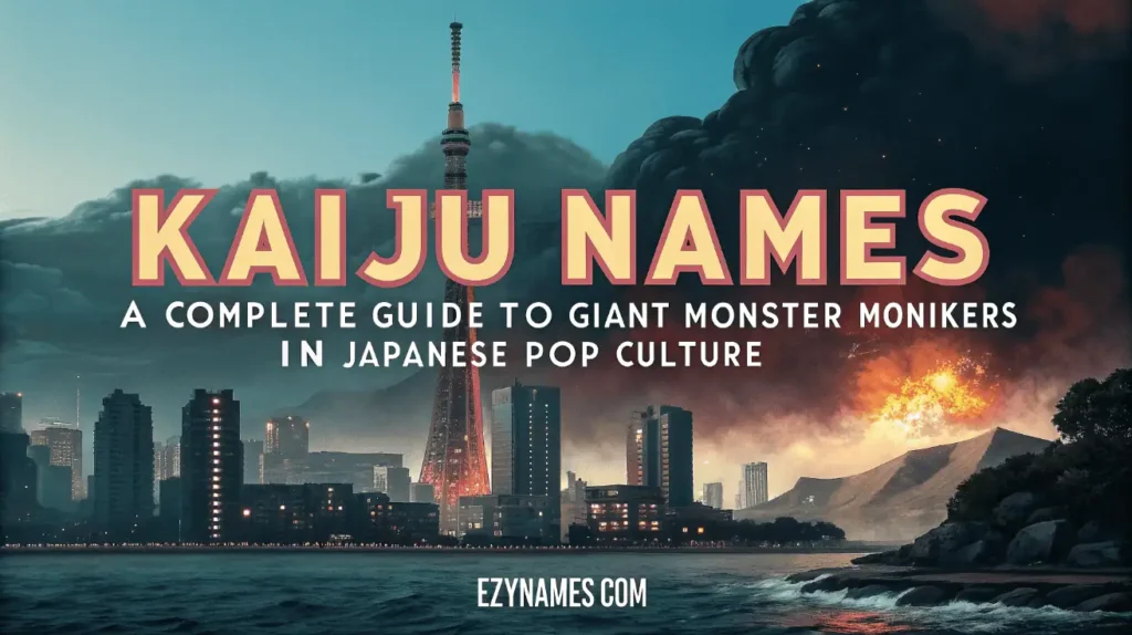 Cinematic poster showing a dark city skyline with storm clouds, fire, and dramatic lighting, featuring the title Kaiju Names and a guide to giant monster names in Japanese pop culture.
