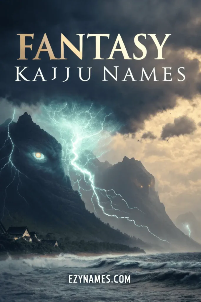 Fantasy Kaiju Names artwork showing massive mythical monsters emerging from stormy mountains and ocean waves with lightning, dark clouds, and epic fantasy mood.
