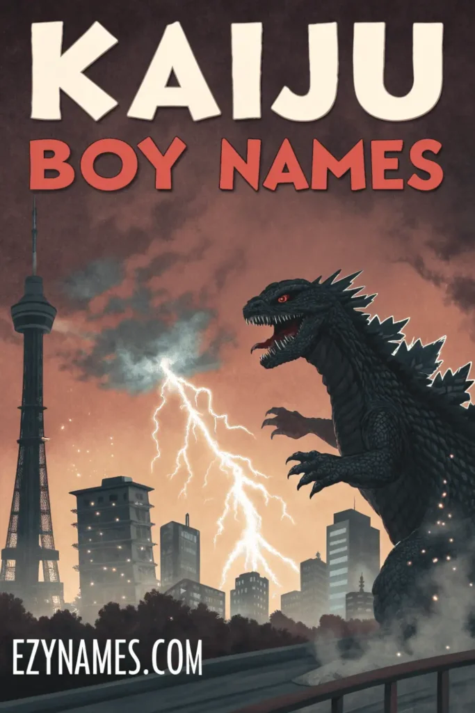 Kaiju Boy Names image featuring a roaring giant reptilian monster towering over a city during a lightning storm with dramatic skies and bold title text.