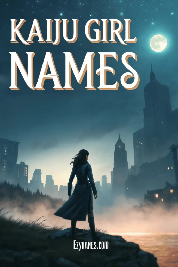 Kaiju Girl Names poster showing a powerful female figure standing on a cliff overlooking a misty city skyline at night under a glowing moon, creating a strong and mythical atmosphere.