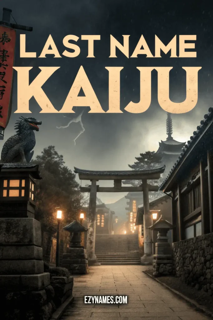 Last Name Kaiju poster depicting a traditional Japanese shrine pathway at night with lanterns, torii gate, temple buildings, and a kaiju statue in the background.