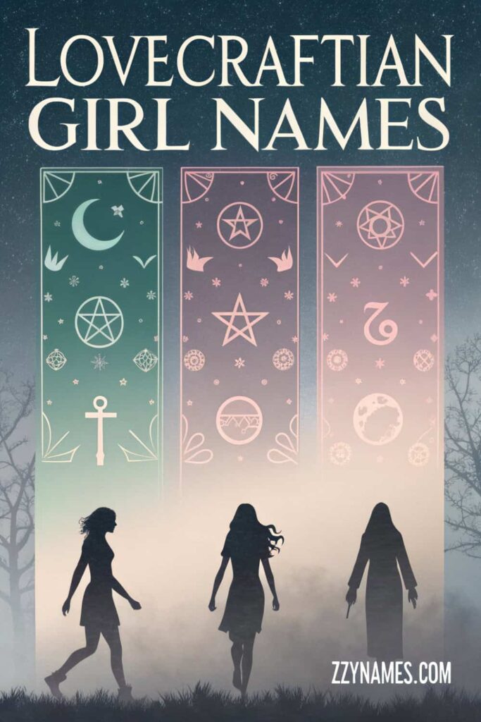 Three women walking through a foggy field, with mystical symbols and moons glowing on banners in the background, under the title "Lovecraftian Girl Names" in elegant font, with a whimsical yet mysterious vibe.