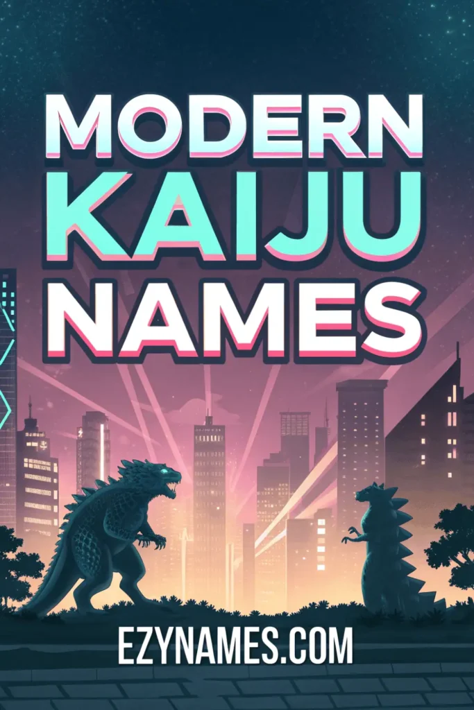 Modern Kaiju Names poster showing two giant monsters facing each other in a glowing futuristic city skyline at night with bold neon title text.