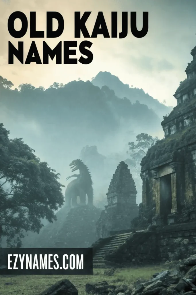 Old Kaiju Names visual showing an ancient giant monster standing among misty jungle ruins and stone temples, creating a legendary and historic atmosphere.