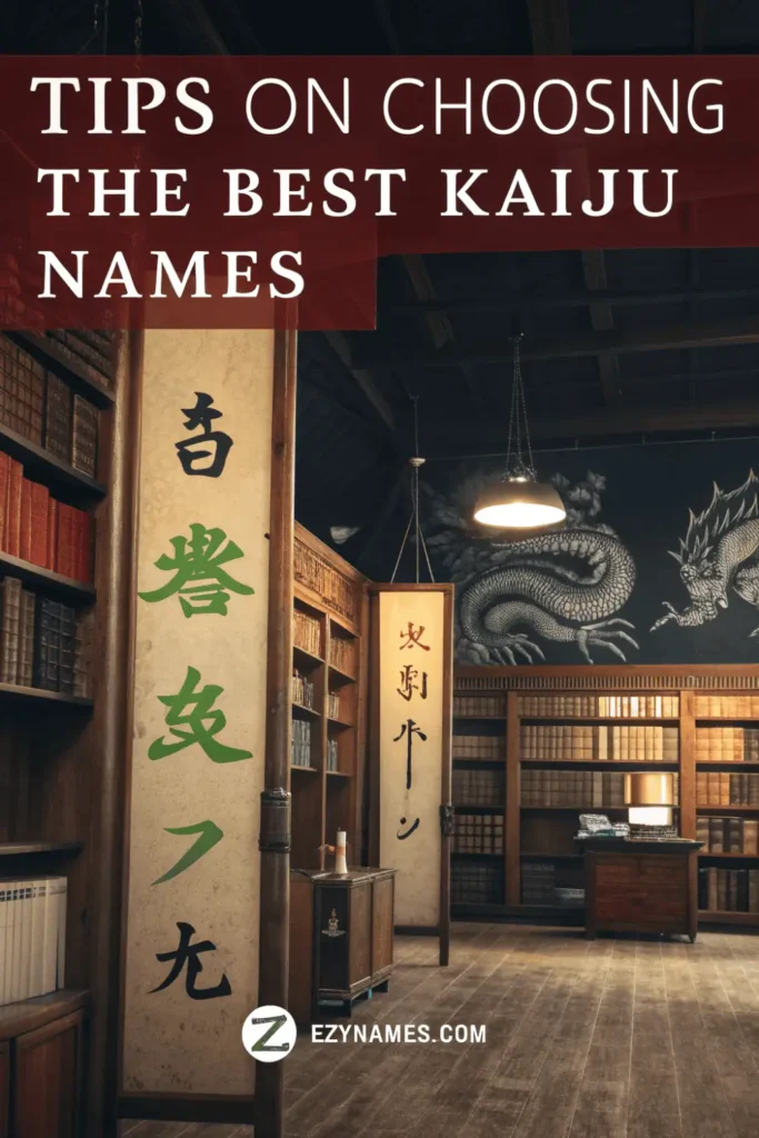 Tips on Choosing the Best Kaiju Names image set inside a traditional Japanese style library with scrolls, bookshelves, hanging lanterns, and dragon artwork.