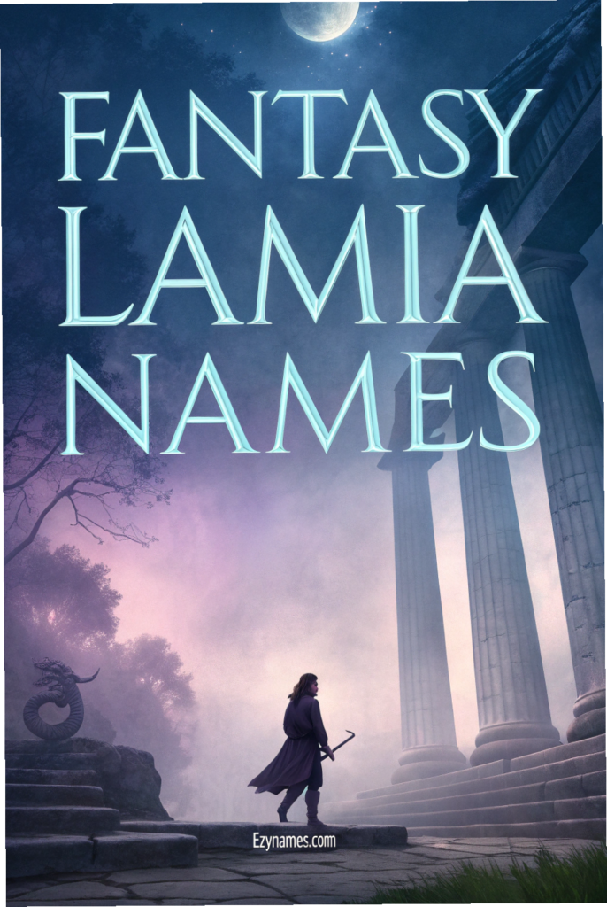Fantasy Lamia names artwork with moonlit sky, marble pillars, and a mystical figure walking near ancient ruins, branded Ezynames.com.