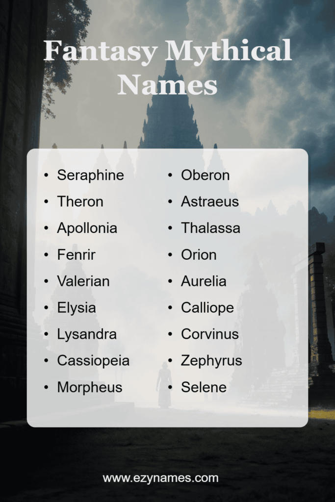 Fantasy Mythical Names graphic showing a misty ancient temple landscape with a curated list of legendary fantasy inspired names presented in a clean modern layout.