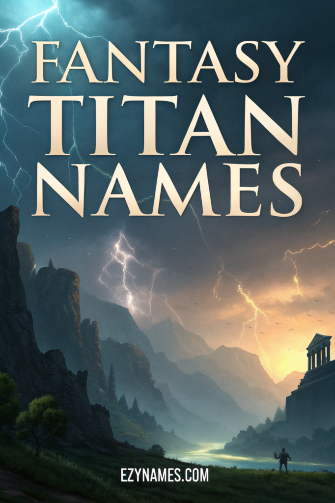 Fantasy Titan names artwork featuring dramatic mountains, lightning in the sky, and a lone figure near ancient temple ruins, branded with Ezynames.com.