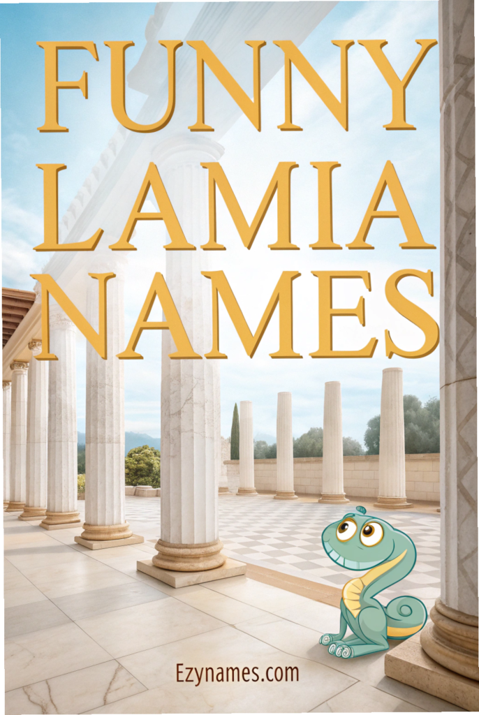 Funny Lamia names poster with bright golden title over classical columns and a cute cartoon serpent character, branded Ezynames.co