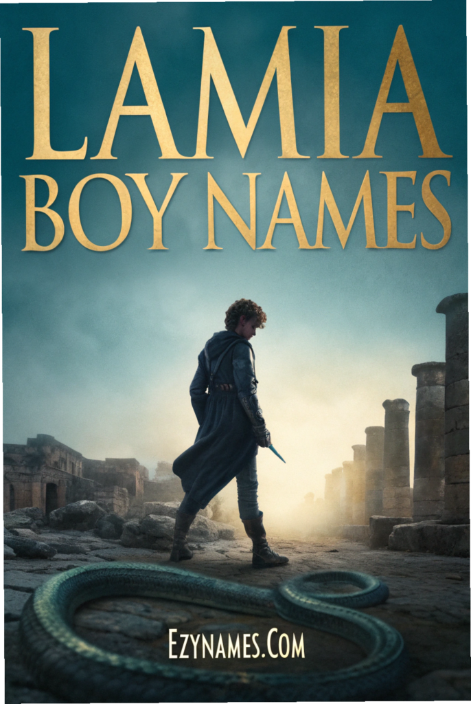 Lamia boy names artwork showing a young warrior in ancient ruins with a serpent on the ground, cinematic fantasy style, branded Ezynames.com.