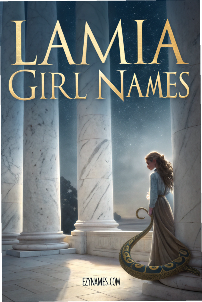 Lamia girl names poster featuring a graceful female figure with a serpent tail standing between marble columns under a starry sky, branded Ezynames.com.