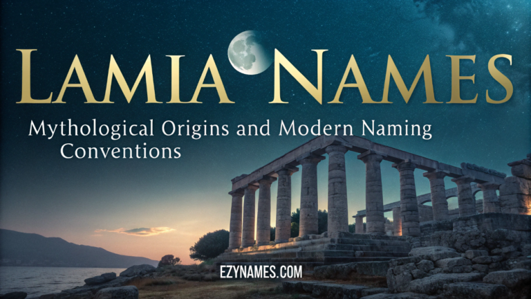 Lamia Names banner with moonlit Greek temple ruins under a starry night sky by the sea.
