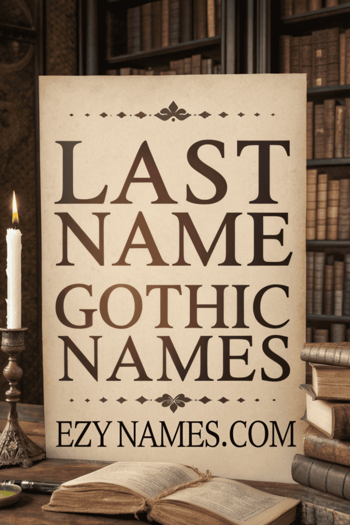 Last Name Gothic Names Poster
Vintage gothic poster reading Last Name Gothic Names placed on a wooden table with old books, candlelight, and classic library background.
