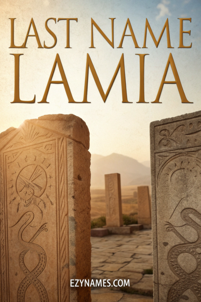 Last name Lamia title over ancient stone pillars with carved serpent symbols and desert landscape in the background, branded Ezynames.com.