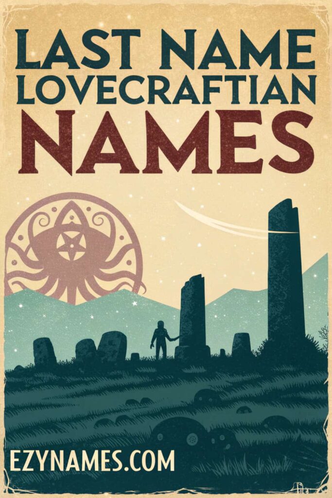 A silhouette of a person walking through a field of standing stones, with a cosmic symbol in the sky, under the title "Last Name Lovecraftian Names" in bold font, with a mystical and eerie atmosphere.