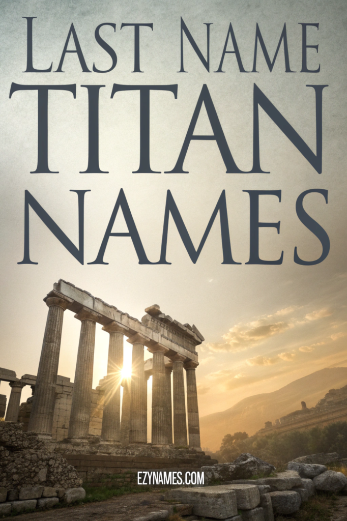Last name Titan names image showing classical Greek columns at sunset with warm golden light and ancient ruins, branded Ezynames.com