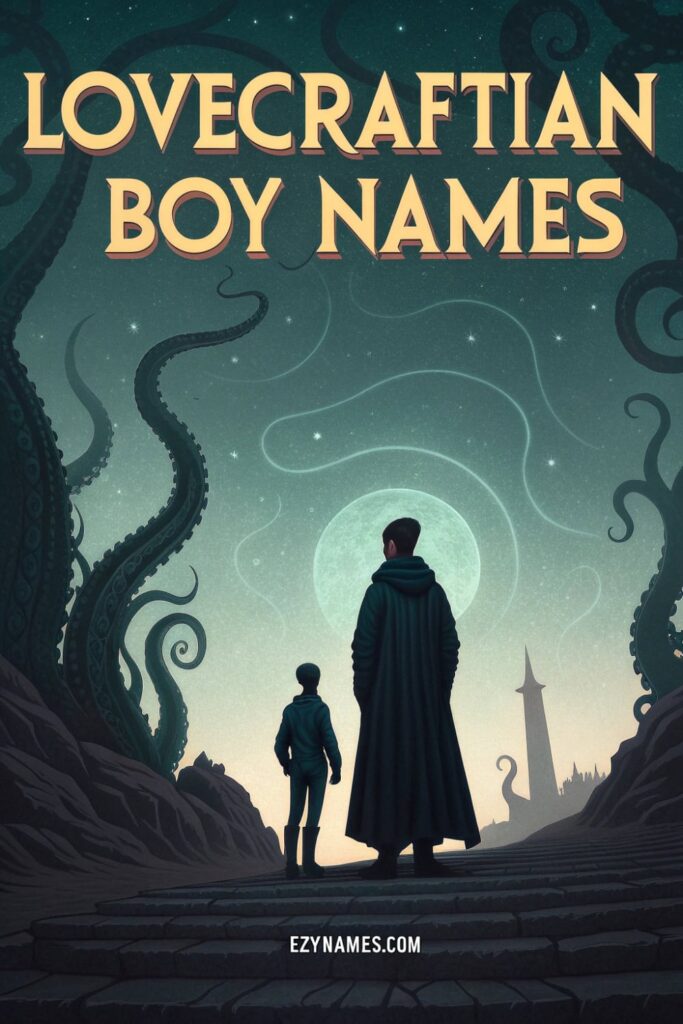 Two figures standing on a rocky path in front of a glowing full moon, with cosmic tentacles in the background, under the title "Lovecraftian Boy Names" in bold font, with stars scattered across the sky.