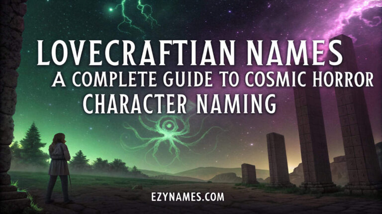 A figure standing in front of ancient stone pillars under a starry night sky, with cosmic swirling patterns in the background, and the title "Lovecraftian Names: A Complete Guide to Cosmic Horror Character Naming" in bold font at the top. The image evokes a sense of mystery and cosmic horror.