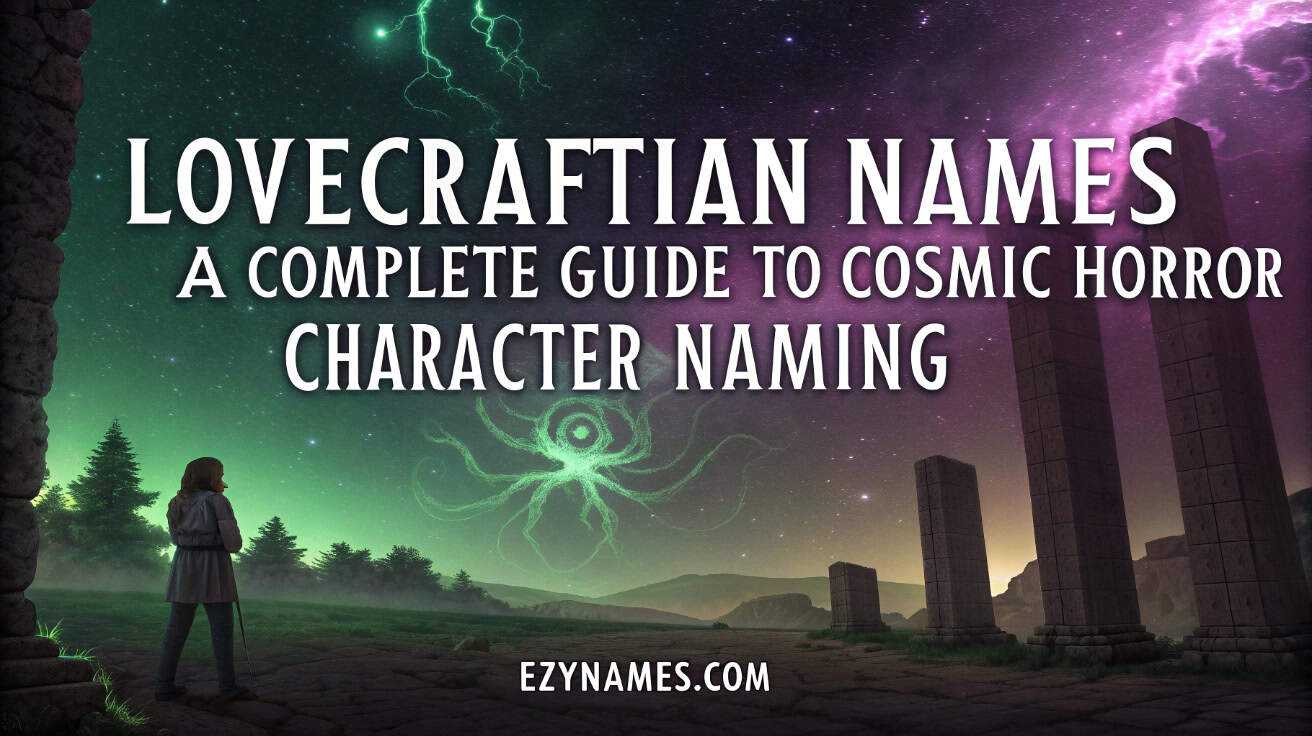A figure standing in front of ancient stone pillars under a starry night sky, with cosmic swirling patterns in the background, and the title "Lovecraftian Names: A Complete Guide to Cosmic Horror Character Naming" in bold font at the top. The image evokes a sense of mystery and cosmic horror.
