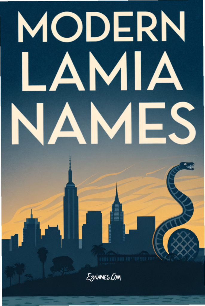 Alt text: Modern Lamia names design with city skyline silhouette and stylized serpent graphic at sunset, branded Ezynames.com.