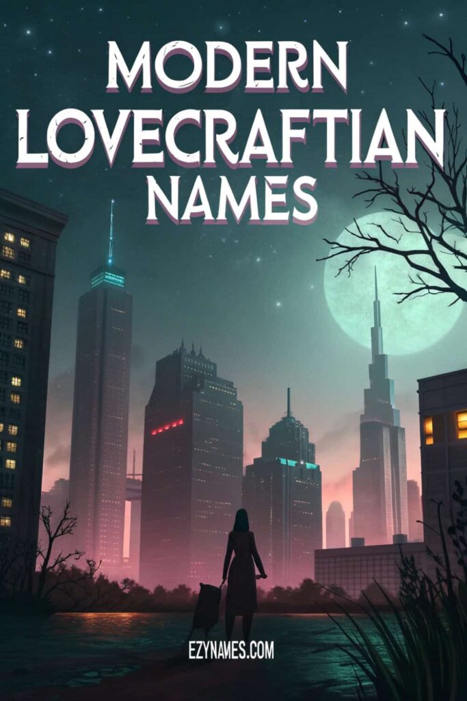 A futuristic city skyline with glowing towers and a moonlit sky, under the title "Modern Lovecraftian Names" in bold font, with a silhouetted figure standing in front of the towering buildings.