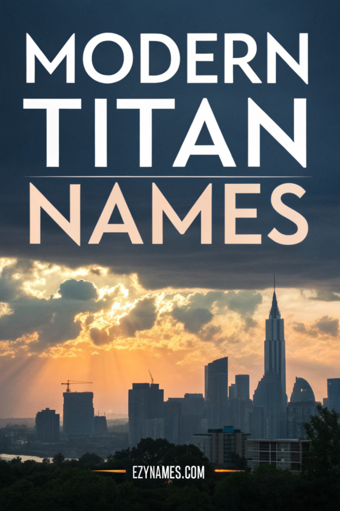 Modern Titan names title over a city skyline at sunset blending mythology with urban design, branded with Ezynames.com