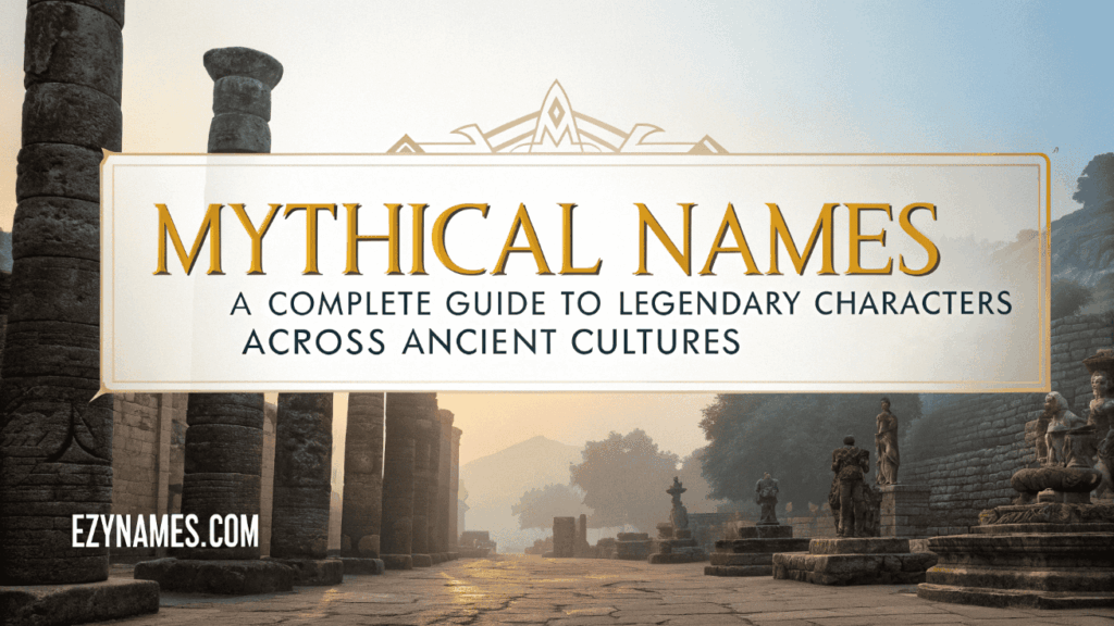 Mythical Names poster titled A Complete Guide to Legendary Characters Across Ancient Cultures displayed over ancient stone ruins with statues and warm golden light.