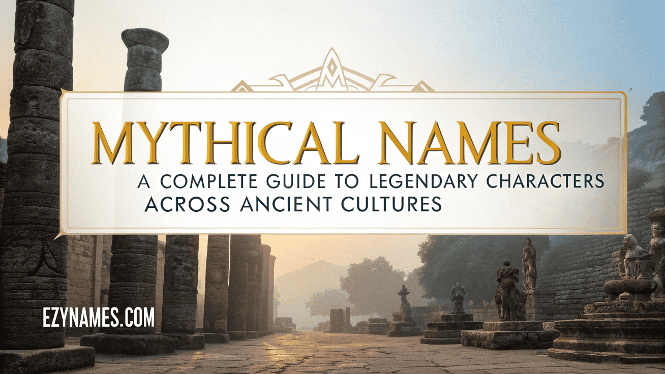 Mythical Names poster titled A Complete Guide to Legendary Characters Across Ancient Cultures displayed over ancient stone ruins with statues and warm golden light.
