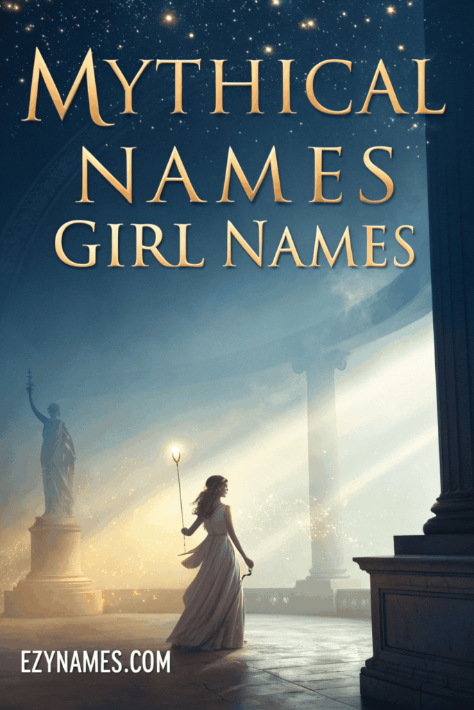 Mythical Names Girl Names poster featuring a graceful female figure holding a staff inside a glowing ancient temple with stars, columns, and magical light.