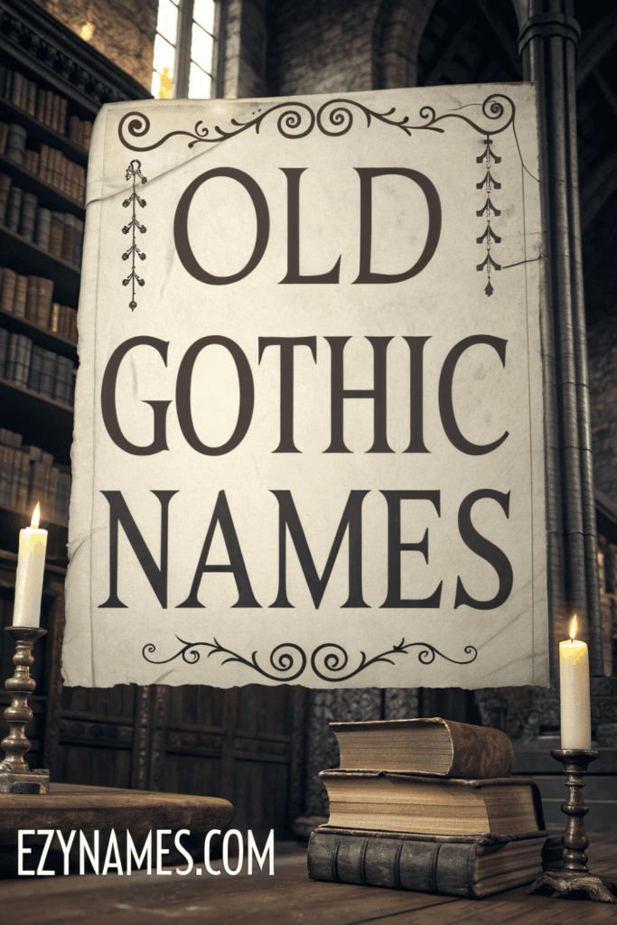 Old Gothic Names poster with ornate borders, candles, antique books, and medieval library setting creating a classic gothic aesthetic.