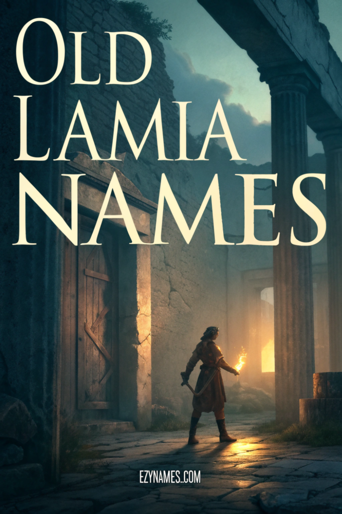 Old Lamia names poster showing a cloaked figure holding a torch inside ancient ruins with dramatic lighting, branded Ezynames.com.