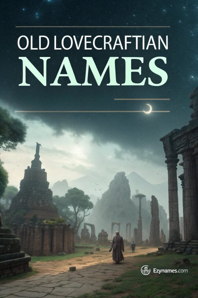 A serene, atmospheric landscape with ancient ruins and a foggy path leading into a mysterious distant mountain range, under the title "Old Lovecraftian Names" in bold font, with stars and moon in the sky.