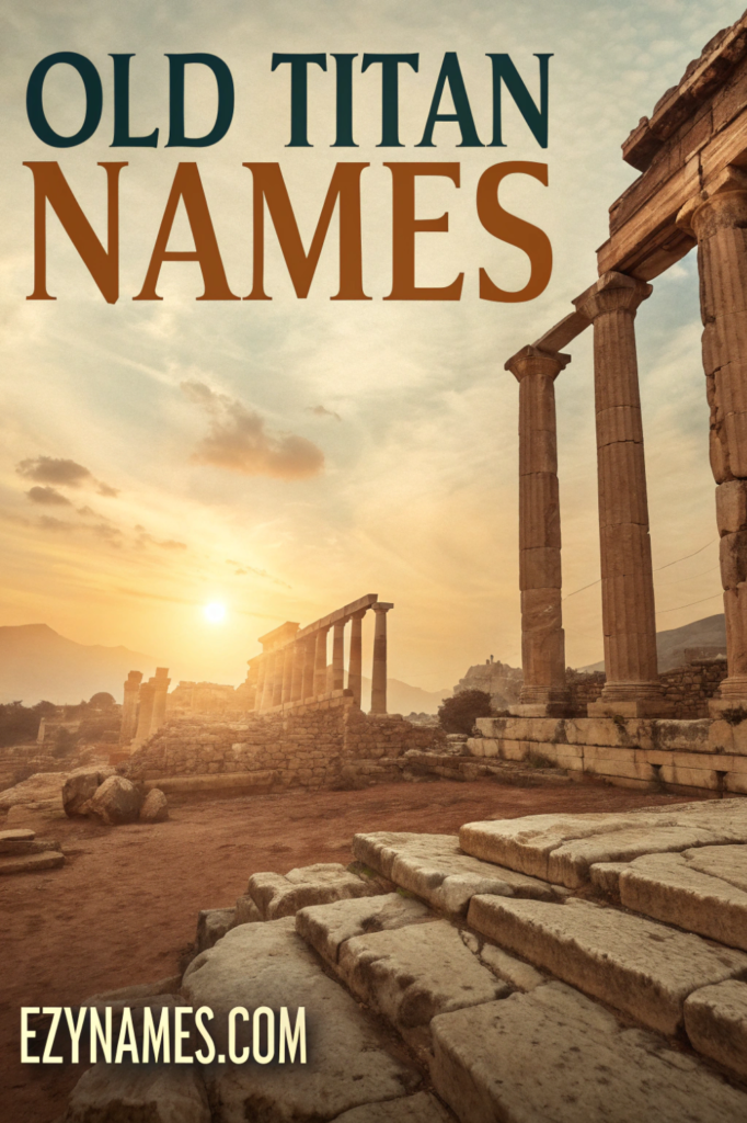 Old Titan names image featuring ancient Greek ruins at sunrise with stone steps and towering columns, branded Ezynames.com.
