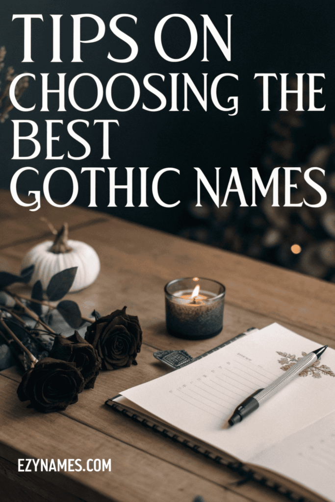 Moody flat lay image titled Tips on Choosing the Best Gothic Names featuring notebook, pen, dark roses, candlelight, and rustic table.